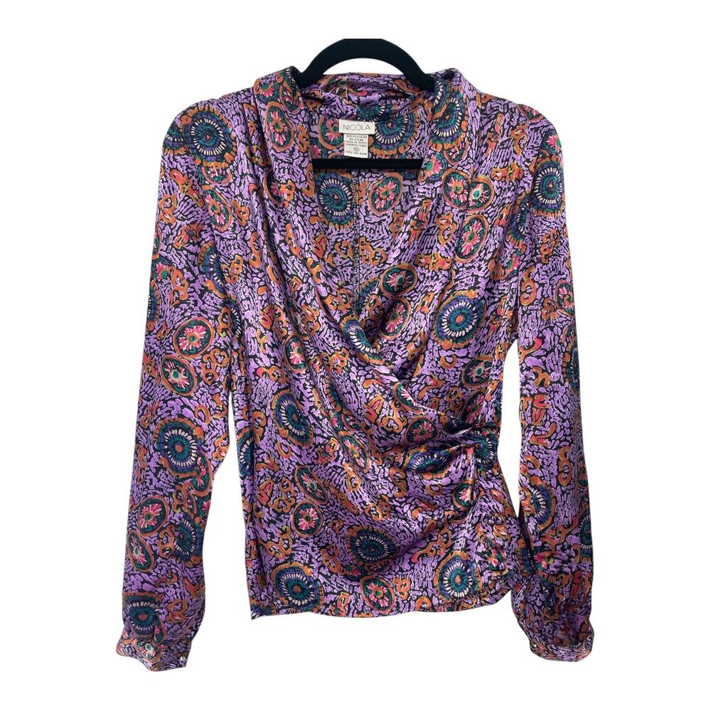 Vintage Nicola Boho Paisley Wrap Blouse Purple Women's Size 6
